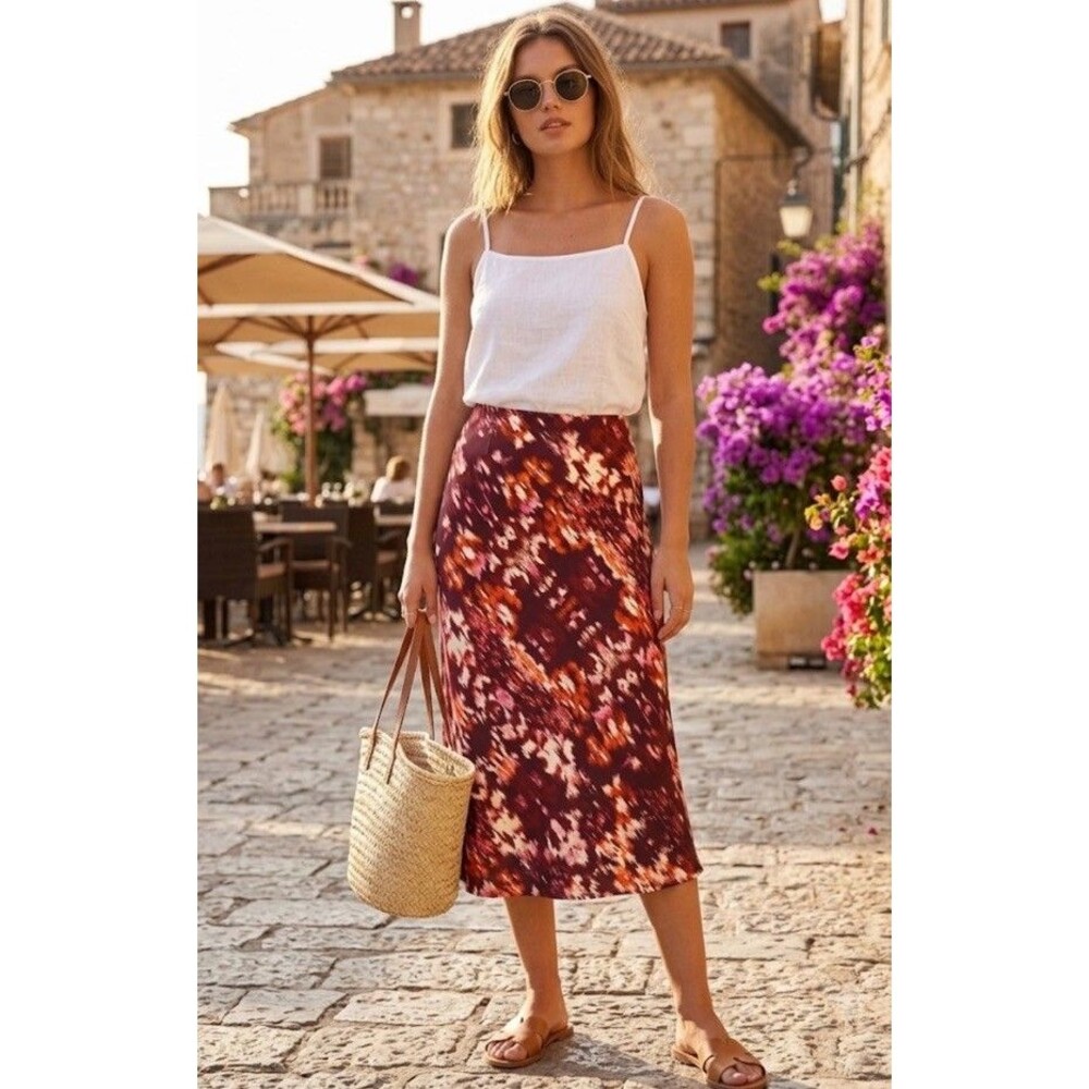 Rafaella A-Line Midi Skirt L Windsor Wine Abstract Print NWT